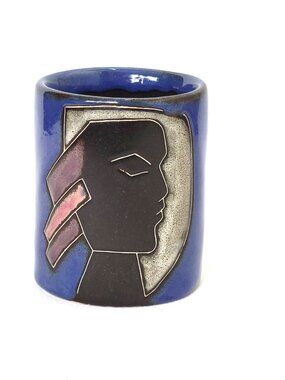 Mara Mexico Art Pottery Stoneware Mug - Abstract Face Design Blue Signed